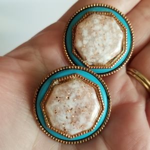 Vintage earrings big clip on turquoise blue copper tone